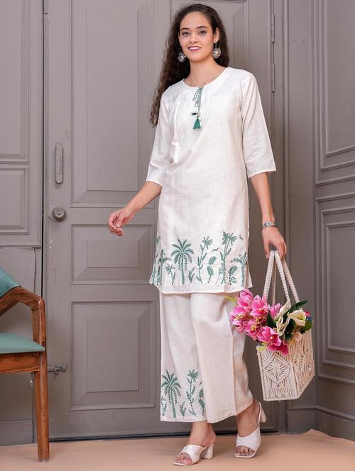 women white embroidered tie-up neck co-ord set - 21986708 - Very Small Image - 1