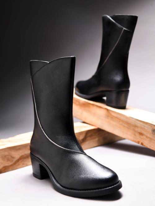 women black solid block heel calf length boots - 21986869 - Very Small Image - 1