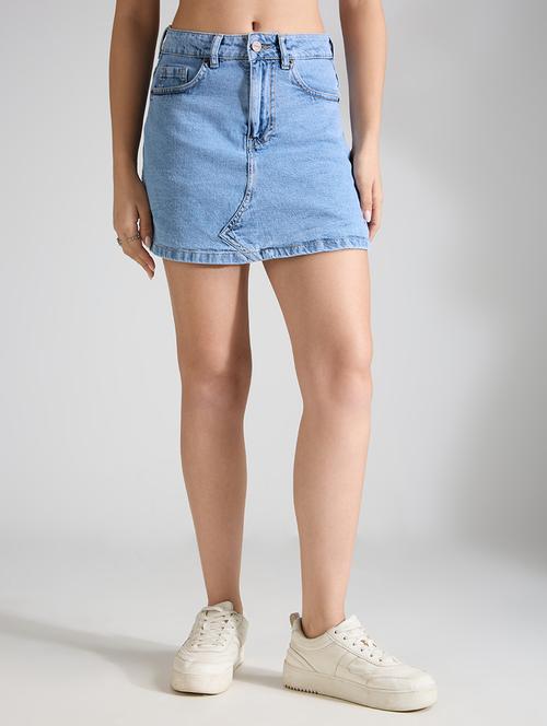women solid high rise denim skorts - 21991225 - Very Small Image - 1