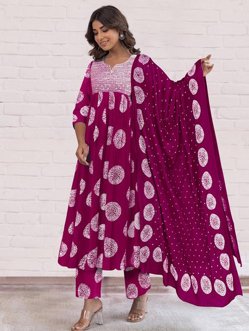 women printed three quarter sleeve anarkali kurta pant with dupatta set - 21997229 - Very Small Image - 1