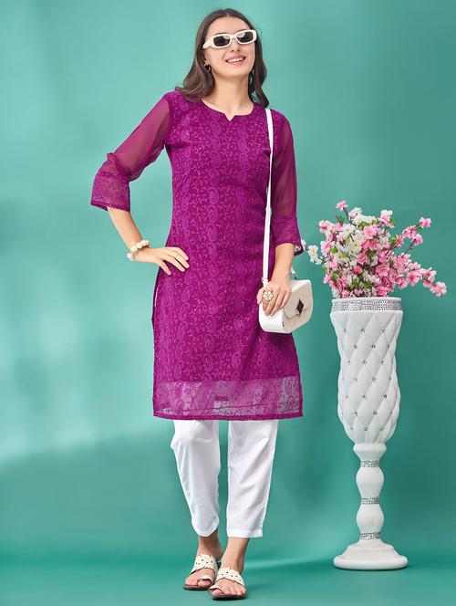 women solid with work three quarter sleeve straight kurta - 21997852 - Very Small Image - 1