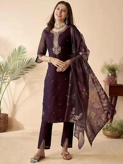 women embroidered three quarter sleeve kurta pant with dupatta set - 22004657 - Very Small Image - 1