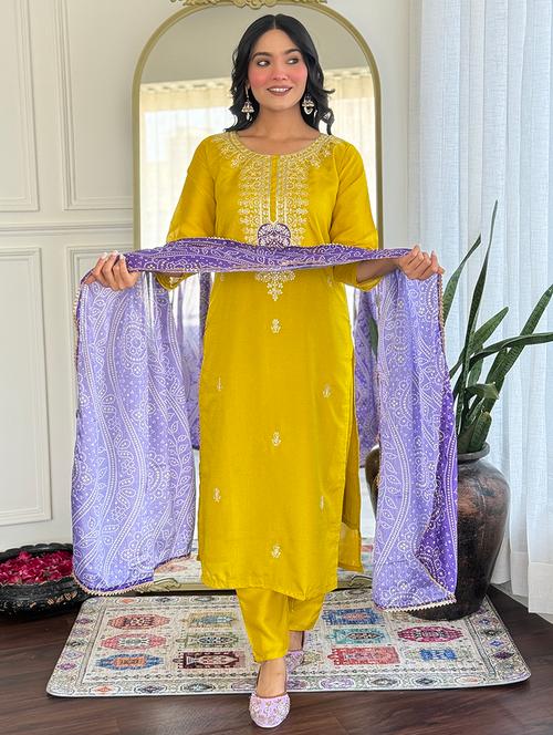 women embroidered three quarter sleeve kurta pant with dupatta set - 22004714 - Very Small Image - 1