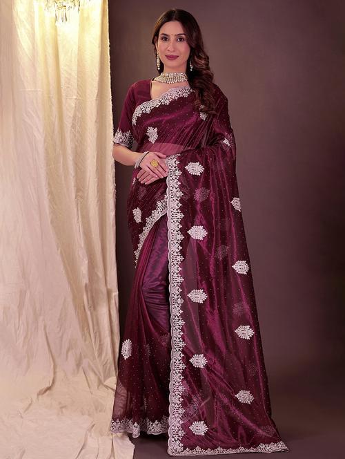 women solid with work embroidered saree with blouse - 22007230 - Very Small Image - 1