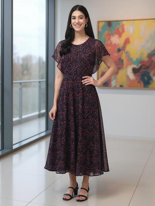 women floral print ruffle sleeve flared dress - 22008644 - Very Small Image - 1