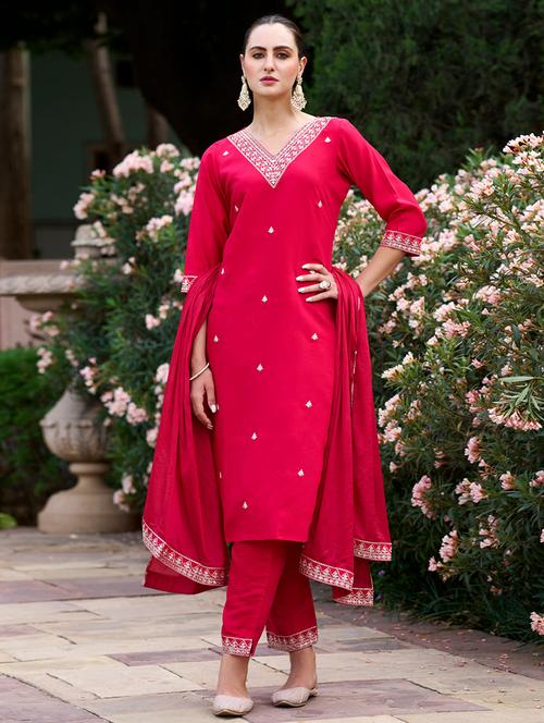 women embroidered three quarter sleeve kurta pant with dupatta set - 22011215 - Very Small Image - 1