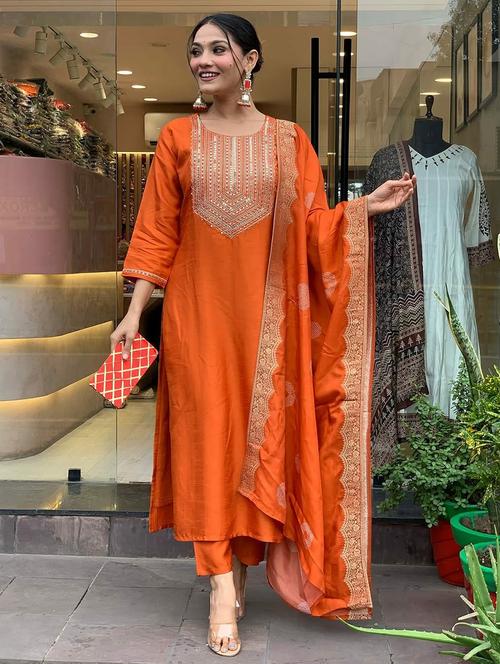 women embroidered three quarter sleeve kurta pant with dupatta set - 22011243 - Very Small Image - 1