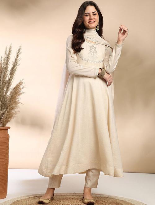 cream embroidered rayon blend festive wear set - 22011247 - Very Small Image - 1