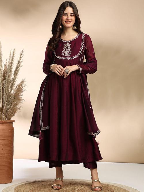 women embroidered long sleeve anarkali kurta pant with dupatta set - 22011248 - Very Small Image - 1