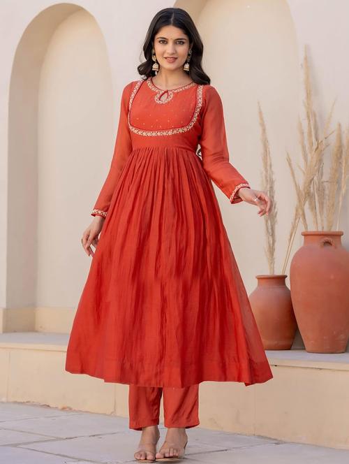 women embroidered long sleeve anarkali kurta with dupatta set - 22011263 - Very Small Image - 1