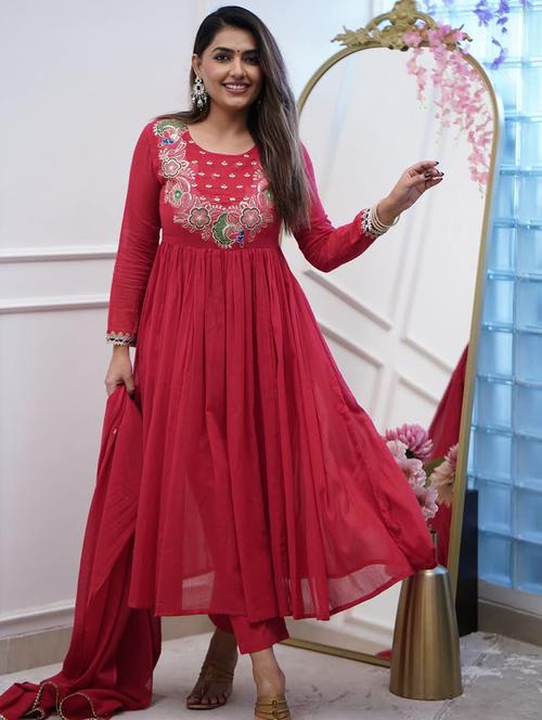 women embroidered long sleeve anarkali kurta with dupatta set - 22011403 - Very Small Image - 1