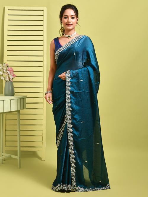 women solid with work embellished saree with blouse - 22014427 - Very Small Image - 1