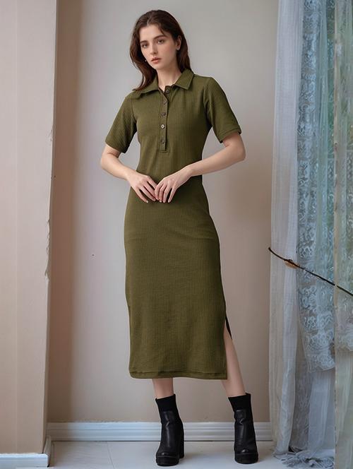 women olive solid collared straight dress - 22017547 - Very Small Image - 1