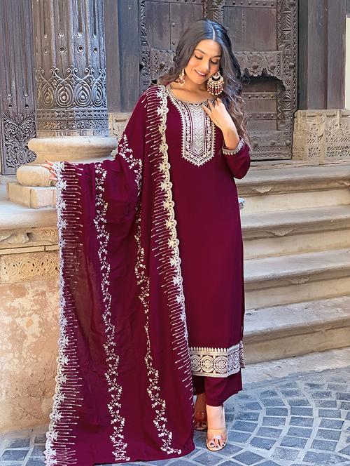 women embroidered three quarter sleeve kurta pant with dupatta set - 22024859 - Very Small Image - 1