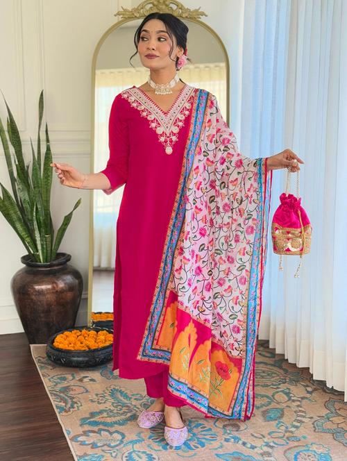women embroidered three quarter sleeve kurta pant with dupatta set - 22024877 - Very Small Image - 1