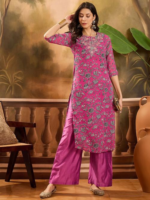 women floral printed three quarter sleeve kurta palazzo set - 22026291 - Very Small Image - 1