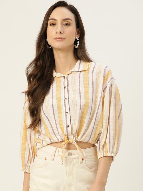 women striped collared puff sleeve crop top - 22028536 - Very Small Image - 1