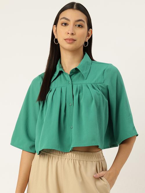 women green solid collared crop top - 22028545 - Very Small Image - 1