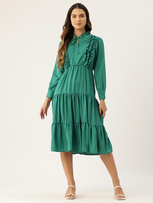 women green solid long sleev tiered dress - 22028989 - Very Small Image - 1