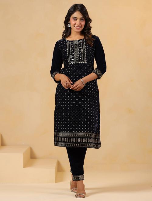 women embroidered round neck kurta and pant set - 22031057 - Very Small Image - 1