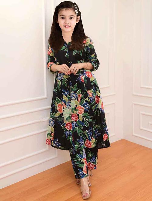 girls printed three quarter sleeve kurta and pant set - 22042275 - Very Small Image - 1