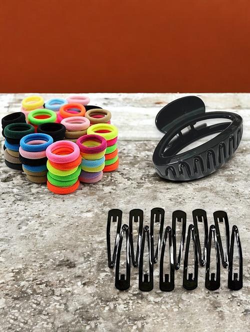 set of black solid rubber bands and 1 clutcher and hair pins - 22052843 - Very Small Image - 1