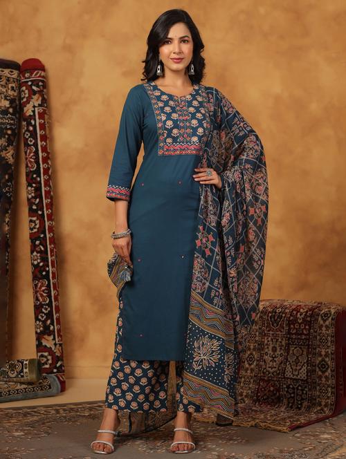 women printed three quarter sleeve kurta palazzo with dupatta set - 22057879 - Very Small Image - 1