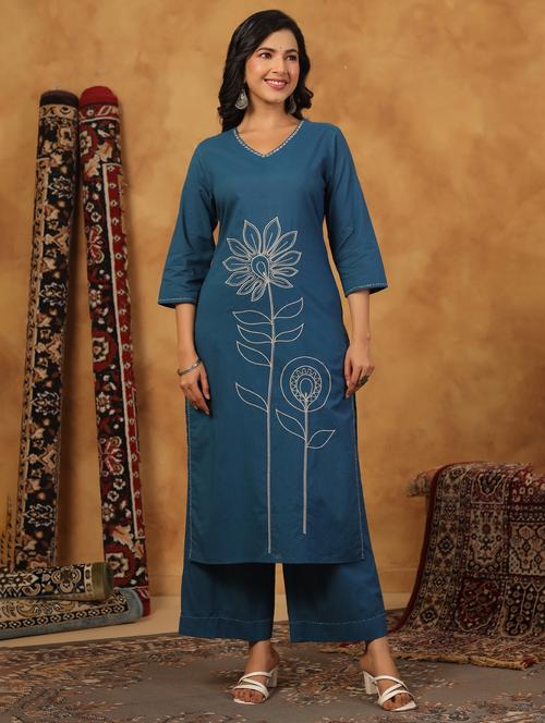 women embroidered three quarter sleeve kurta palazzo set - 22057891 - Very Small Image - 1
