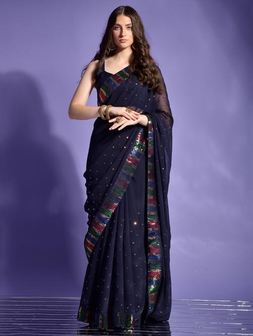 women solid with work embellished saree with blouse - 22060508 - Very Small Image - 1