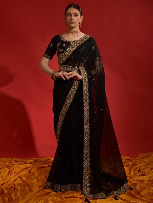 women solid with work embellished saree with blouse - 22060530 - Very Small Image - 1