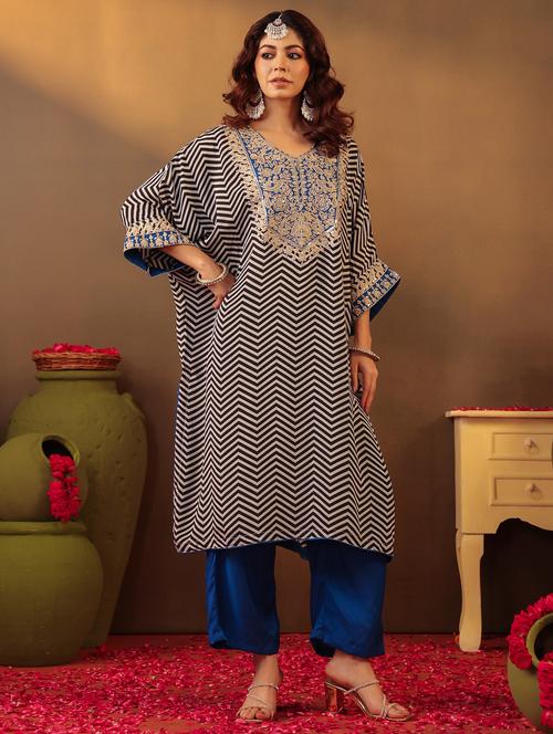 women chevron printed kimono sleeve kaftan kurta with pant set - 22062029 - Very Small Image - 1