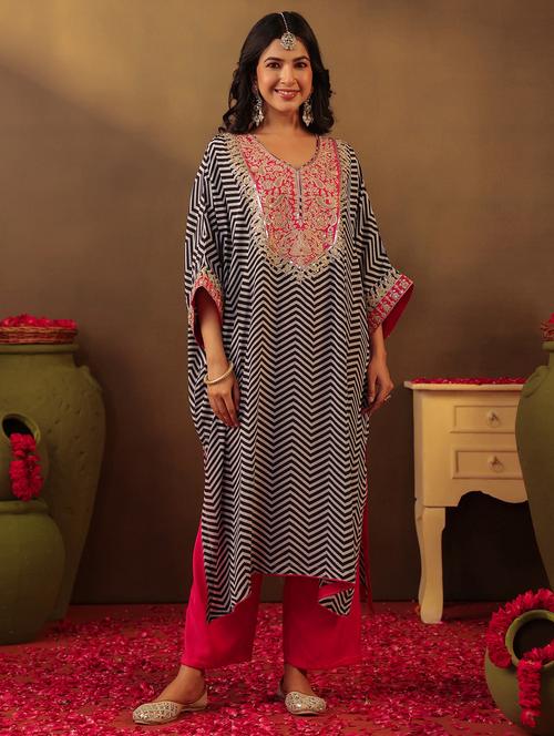 women chevron printed kimono sleeve kaftan kurta with pant set - 22062030 - Very Small Image - 1