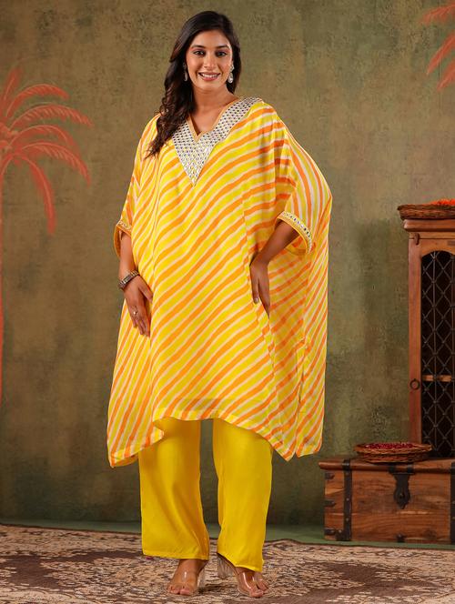 women leheriya kimono sleeve kaftan kurta with pant set - 22062031 - Very Small Image - 1