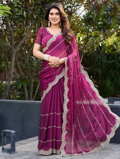 women solid with work embroidered saree with blouse - 22066059 - Very Small Image - 1