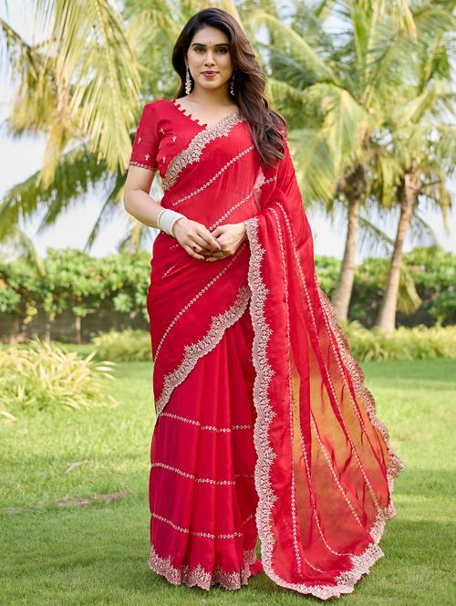 women solid with work embroidered saree with blouse - 22066062 - Very Small Image - 1
