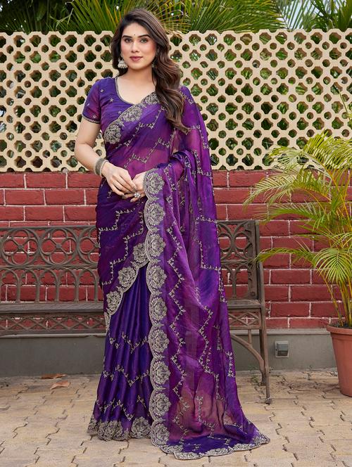 women solid with work embroidered saree with blouse - 22066142 - Very Small Image - 1
