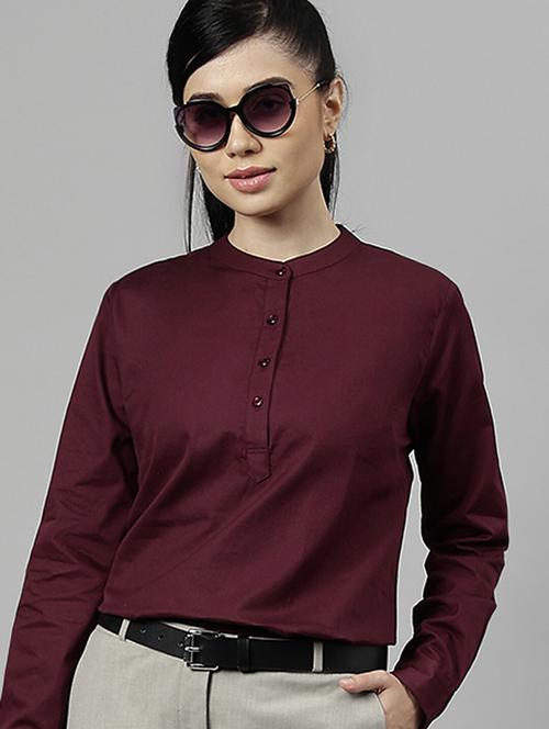 women solid mandarin neck long sleeve top - 22069601 - Very Small Image - 1