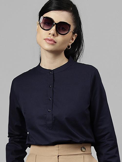 women solid mandarin neck long sleeve top - 22069603 - Very Small Image - 1