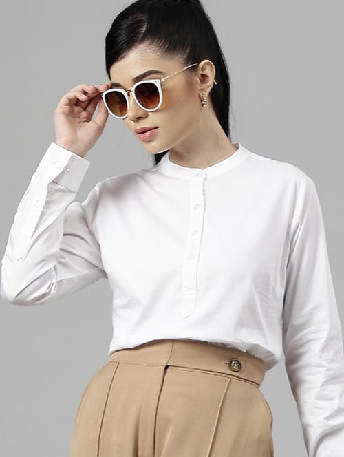 women solid mandarin neck long sleeve top - 22069604 - Very Small Image - 1