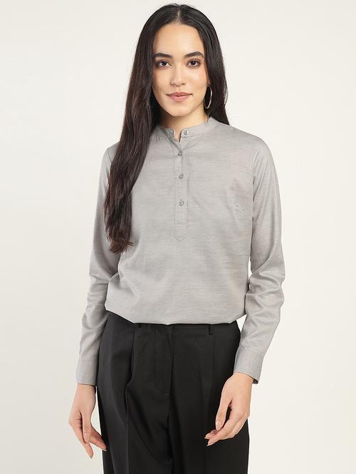 women solid mandarin neck long sleeve top - 22069612 - Very Small Image - 1
