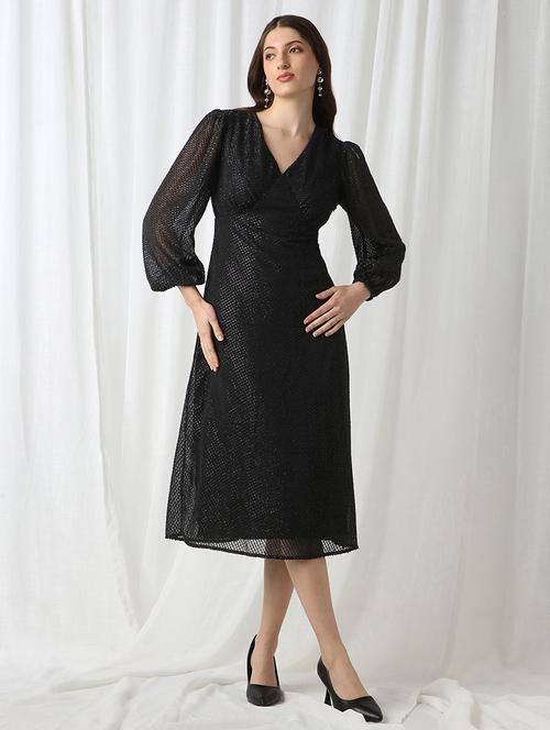 globus women black v-neck bishop sleeves lurex detail georgette fit & flare midi party dress - 22069732 - Very Small Image - 1