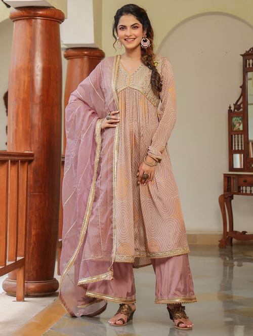 brown chiffon kurta pant set - 22071544 - Very Small Image - 1