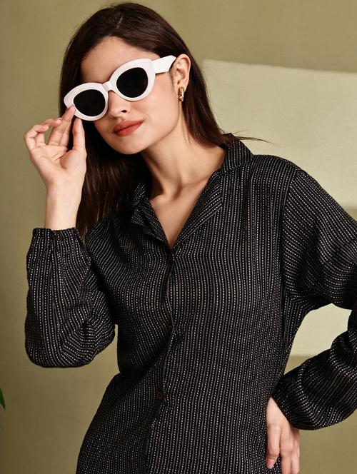 women printed lapel neck puff sleeve long shirt - 22072060 - Very Small Image - 1