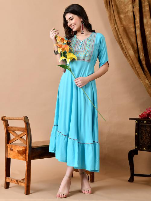 women embroidered round neck tiered dress - 22078435 - Very Small Image - 1