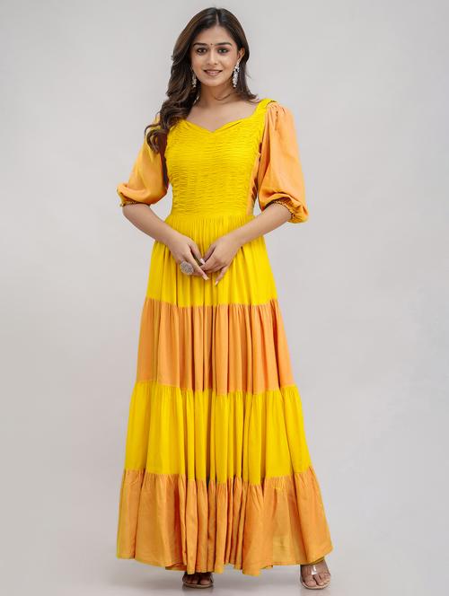 women color block puff sleeve tiered maxi dress - 22078440 - Very Small Image - 1