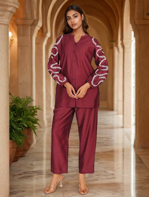 women solid with work long sleeve ethnic co-ord set - 22079915 - Very Small Image - 1