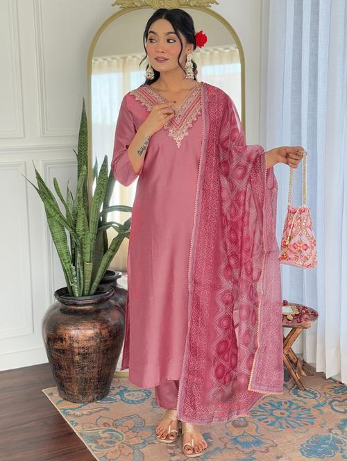 women embroidered three quarter sleeve kurta pant with dupatta set - 22080924 - Very Small Image - 1