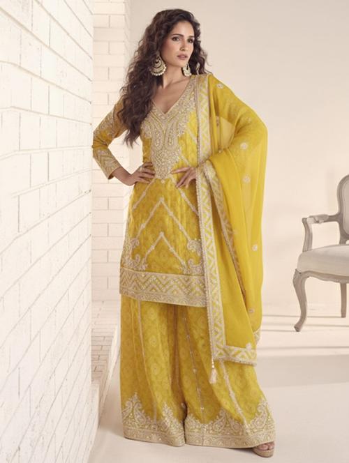 women embroidered long sleeve kurta sharara with dupatta set - 22082525 - Very Small Image - 1