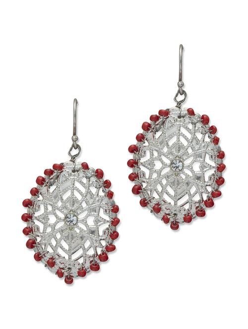 intricate red & silver jaali drop earrings - 22092 - Very Small Image - 1