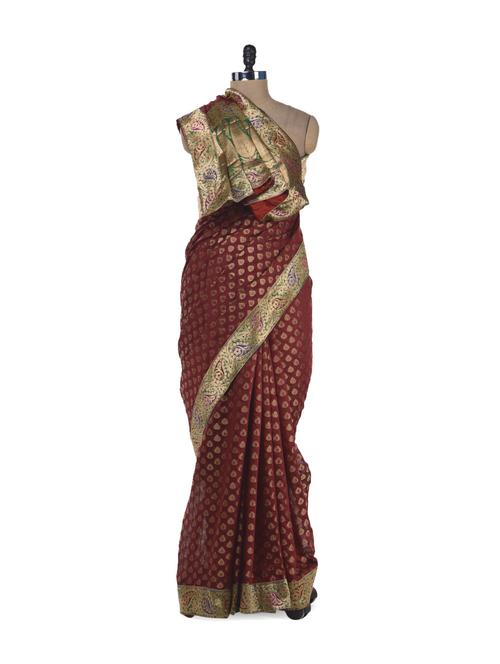 red & gold designer silk brocade saree - 28540 - Very Small Image - 1